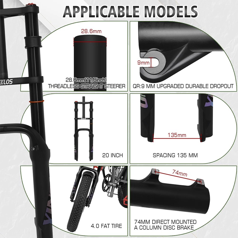 BUCKLOS 20 Zoll Fahrradgabel Federung Faltradgabel für 2,5/3,0/4,0/5,0 Reifen 9*135mm E-Bike Gabeln Schnee- und Strandfahrradgabeln – Detail 4