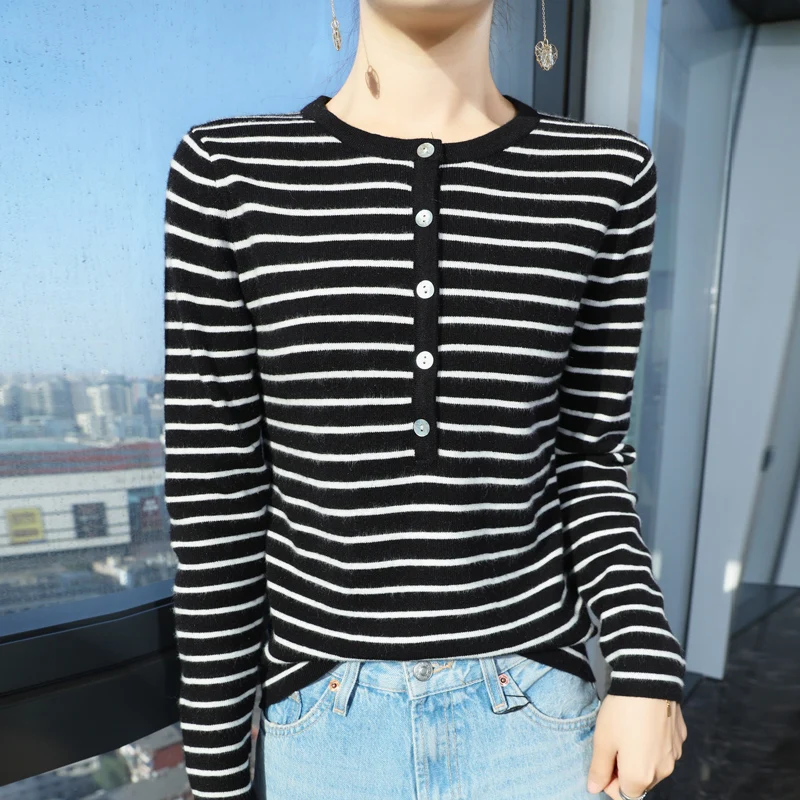 2024 Autumn and winter Cashmere sweater Women Long sleeve slim fit Knitted striped Cashmere Sweaters Women