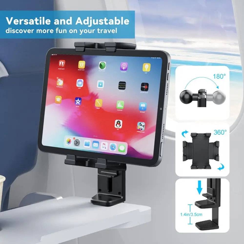 Soporte plegable para teléfono de avión, elementos esenciales de viaje, soporte para teléfono móvil manos libres 360 °   Borde de escritorio con soporte para tableta multifunción con rotación