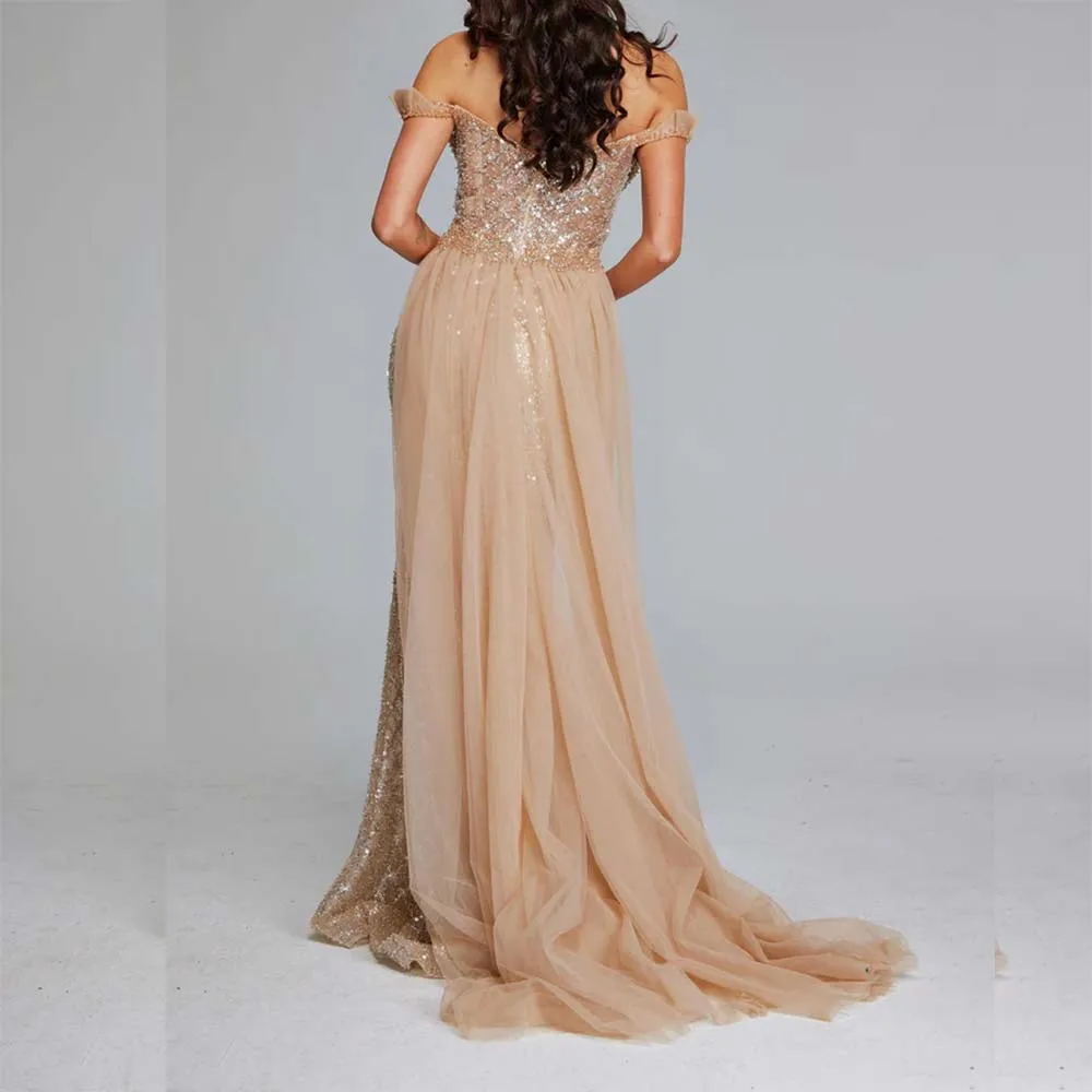 Exquisite Champagne Evening Dress Chapel Train Sleeveless Strapless Sequined Gowns Formal Occasion Elegant Women Prom Dress