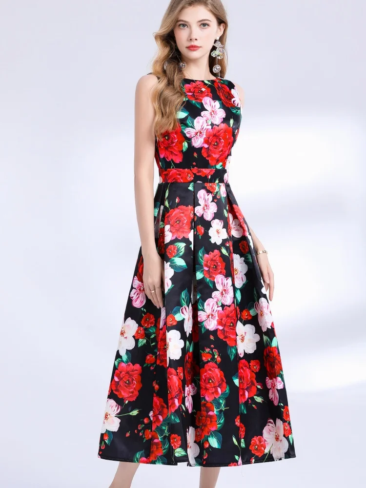 SMTHMA ผู้หญิงดอกไม้พิมพ์ฤดูร้อนชุด O-คอแขนกุดเอวสูง Big Swing ชุดปาร์ตี้ฤดูร้อน Boho วันหยุด Beach Sundress