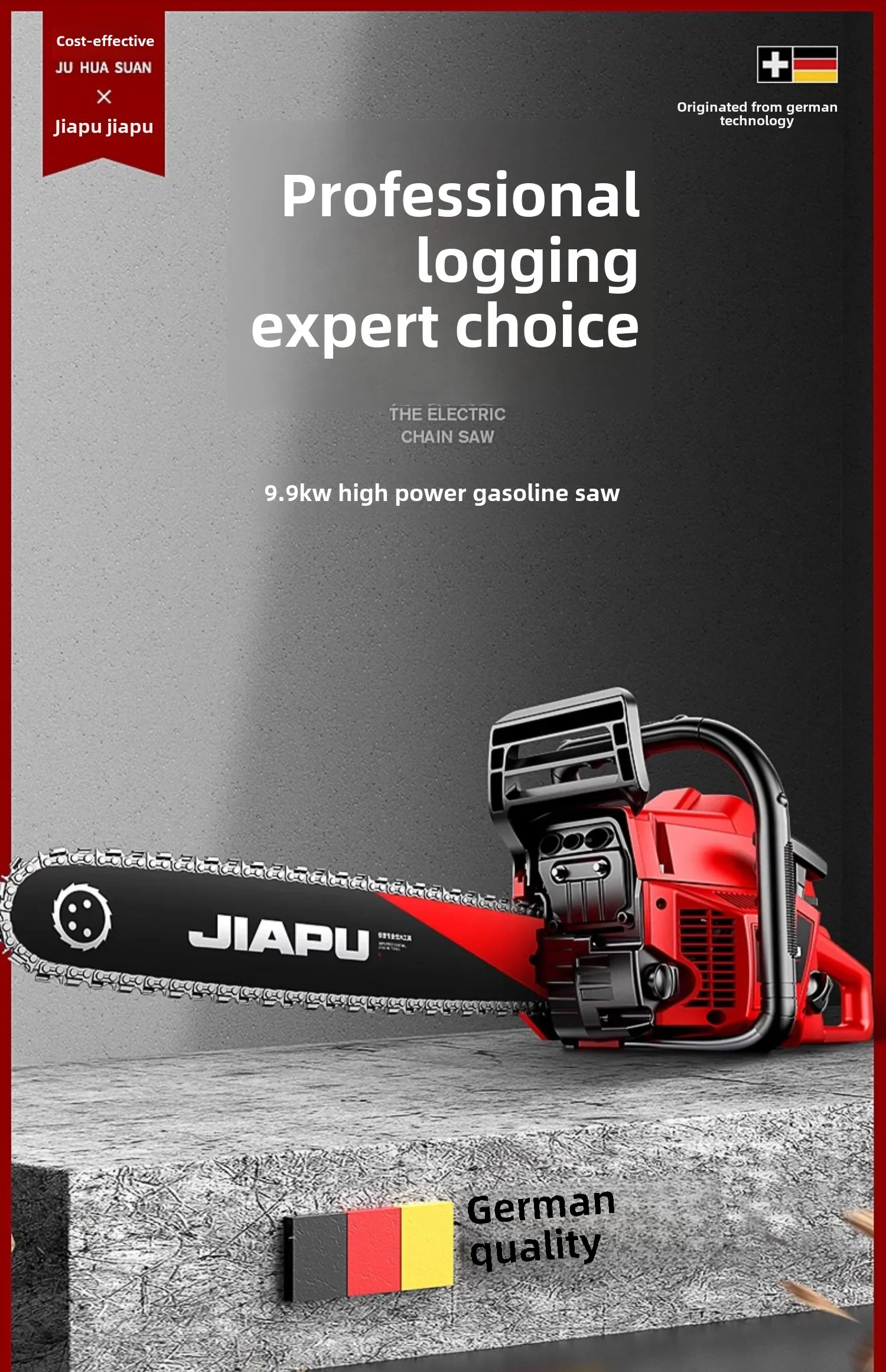 Professional German Imported Gasoline Chainsaw with High Power Chain for Wood Cutting in Home Use
