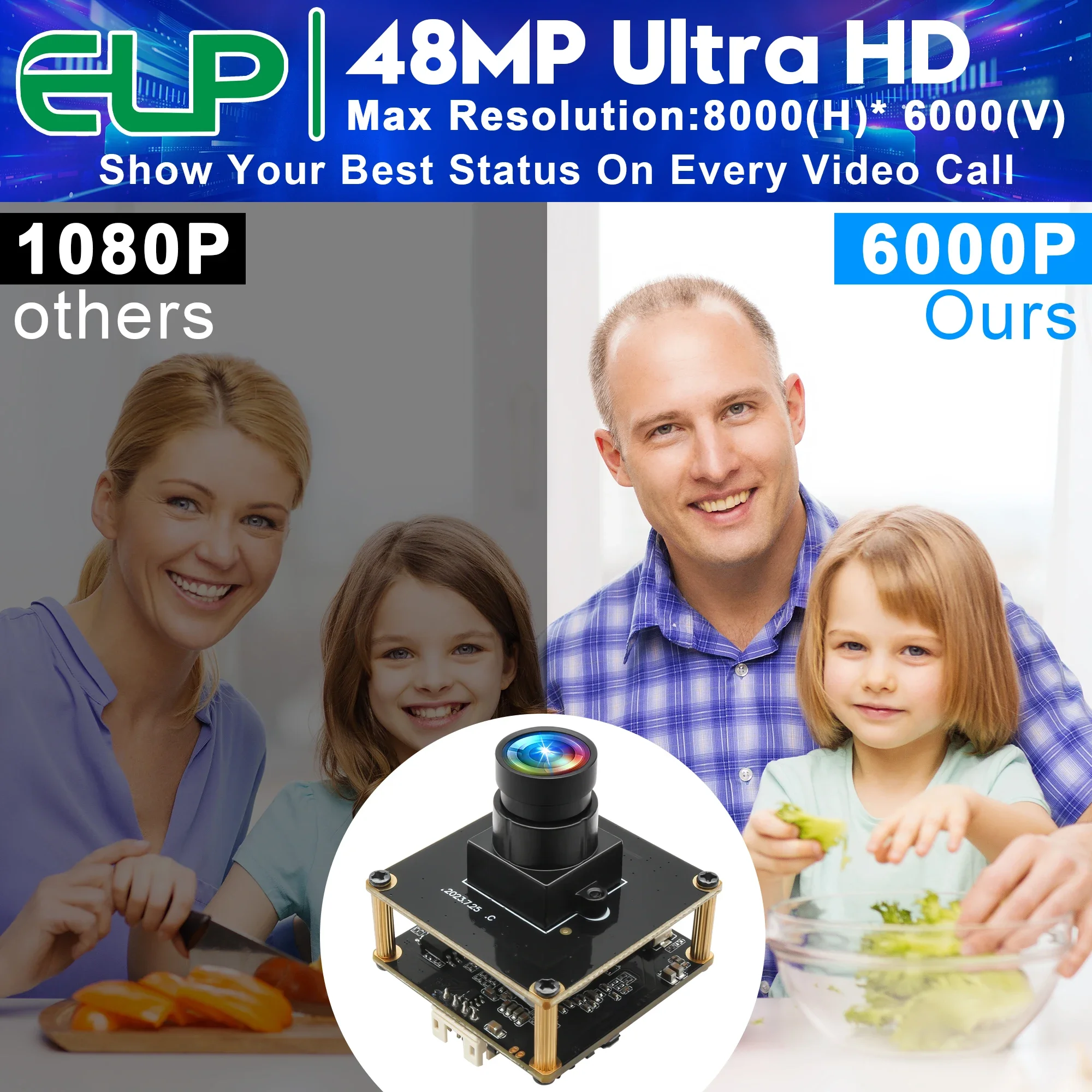 ELP 48MP Wide Angle USB Camera Module CMOS  IMX586 Fixed Focus Industrail Video USB Webcam with No Distortion Lens for PC,Laptop