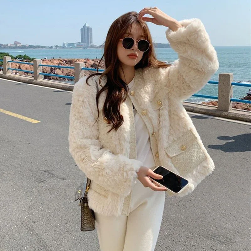 GIDYQ White Warm Lamb Wool Jacket Women Winter Fashion O Neck Faux Fur Coat Korean Elegant Thick Office Lady Furry All Match Top