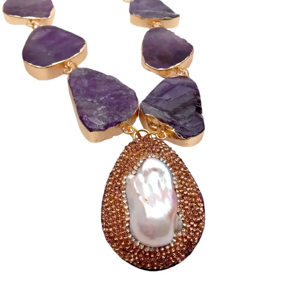 Y·YING Natural Purple Amethyst Rough Necklace Cultured Pink Keshi Pearl Pendant