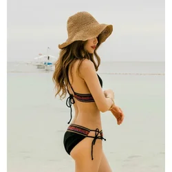 Wide Brim Ribbon Beach Hat Ladies Summer Outdoor Bucket Hat Breathable Sun Hat Fashionable Straw Hat FoldableTravel Hats