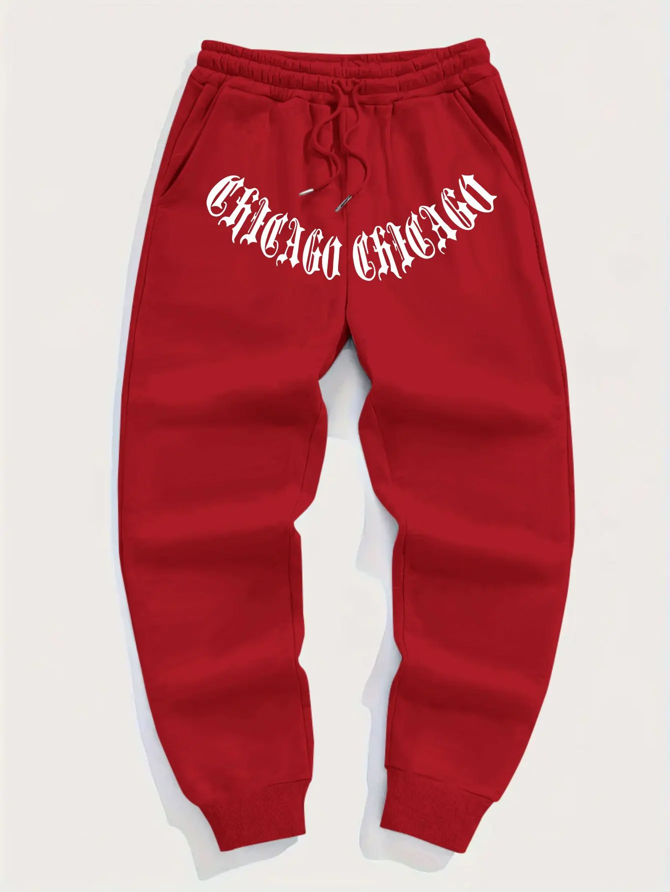 Double-layer Chicago vintage Gothic font, elastic waistband design, sporty jogging style casual men's long-length sweatpants