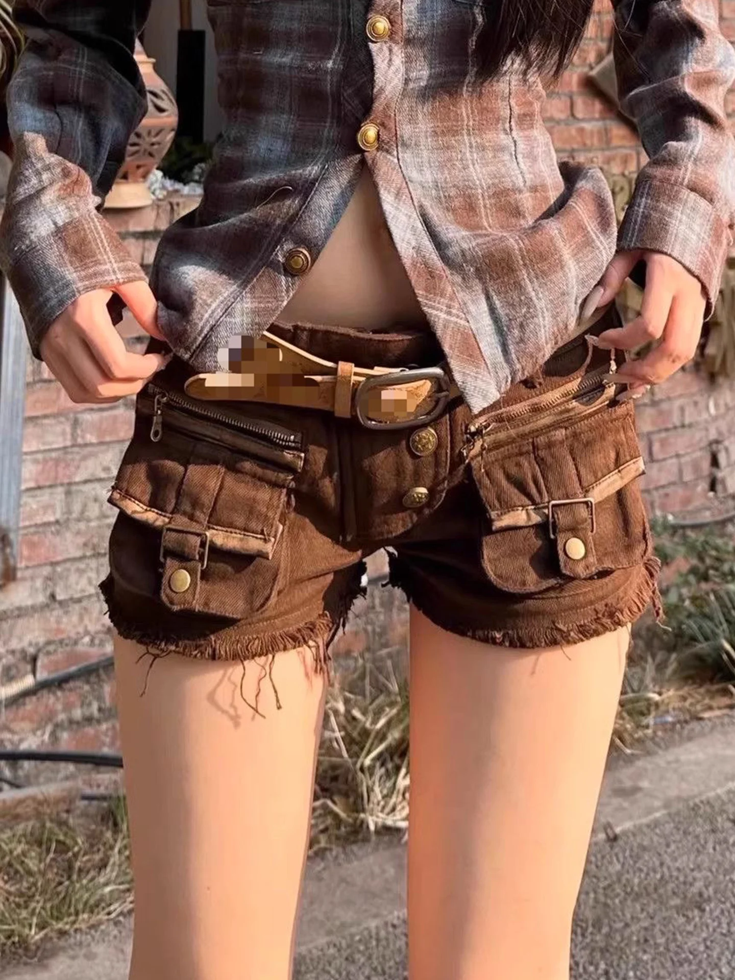 

American Style Streetwear Hot Girl Multi-Pocket Frayed Denim Shorts Women's Low Waist Slimming Butt-Lifting Summer Hotpants