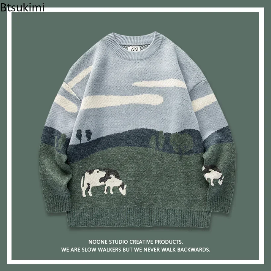 New 2024 Autumn Winter Men Cows Vintage Sweaters Pullover Mens O-Neck Korean Fashions Sweater Casual Harajuku Clothes Knitted