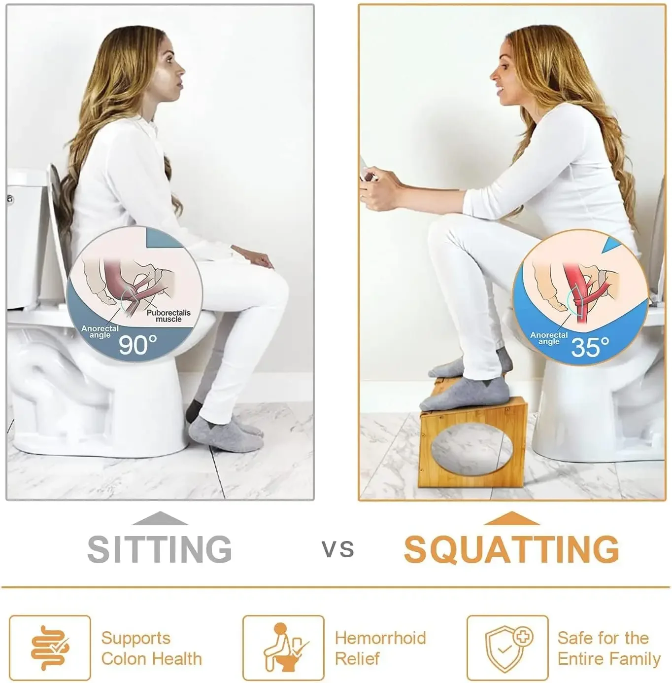 Nessuna installazione Sgabello per WC da bagno antiscivolo Aggiornamento Sgabello per WC accovacciato in bambù per adulti Bambini