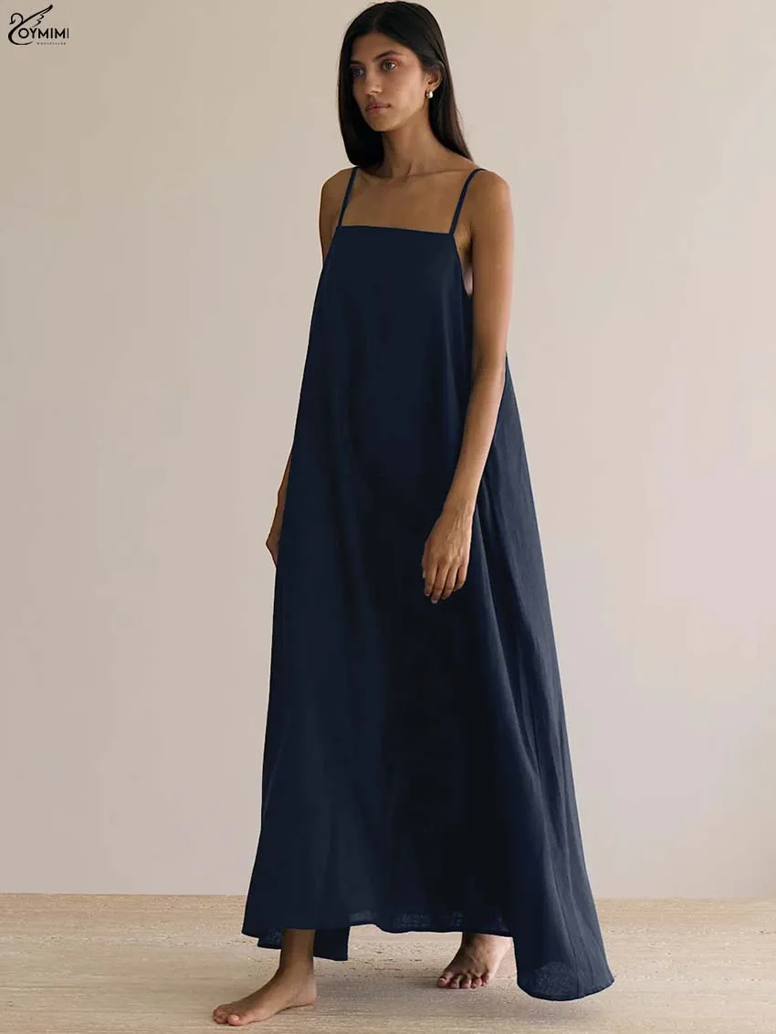

Oymimi Elegant Navy Blue Cotton Womens Dresses Spaghetti Strap Open Back Loose Dress Autumn Solid Ankle-Length Dress Streetwear
