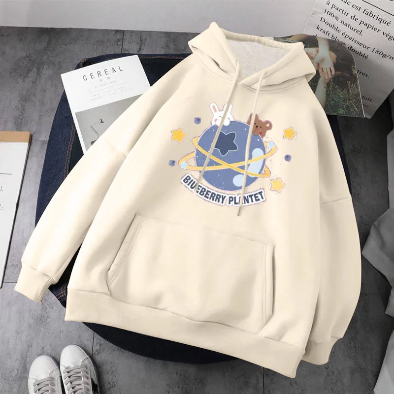 Women Autumn Winter Loose Casual Pullovers Student Fashion Leisure Outwears Cute Cartoon Printed Fleece Thick Hooded Sweatshirts