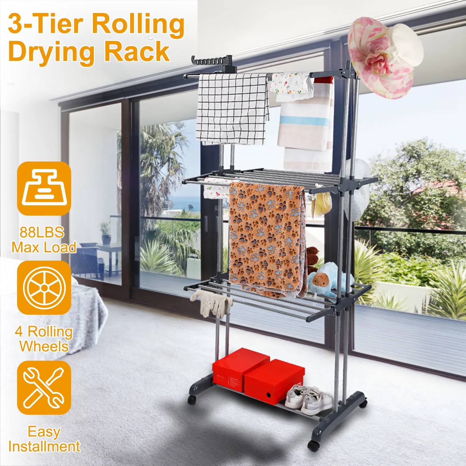 Clothes Drying Rack Rolling Collapsible Laundry Dryer Hanger Stand Rail Shelve Wardrobe Clothing Drying Racks w/ Dual Side Wings