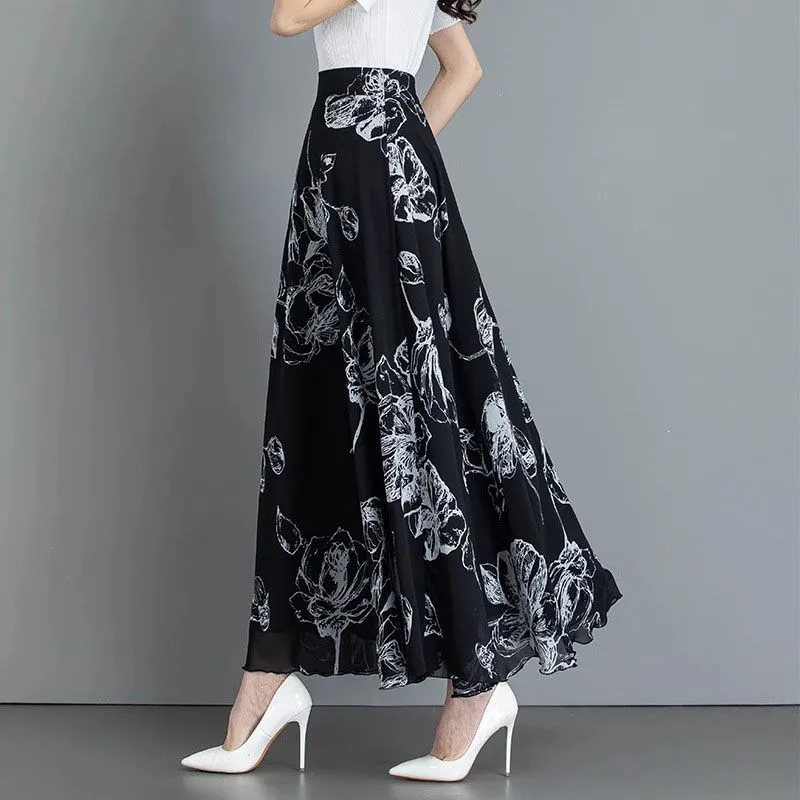 2024 Summer New Retro Black White Printed Chiffon Skirt Female High Waist A-line Long Skirt Large Flower Skirts for Women