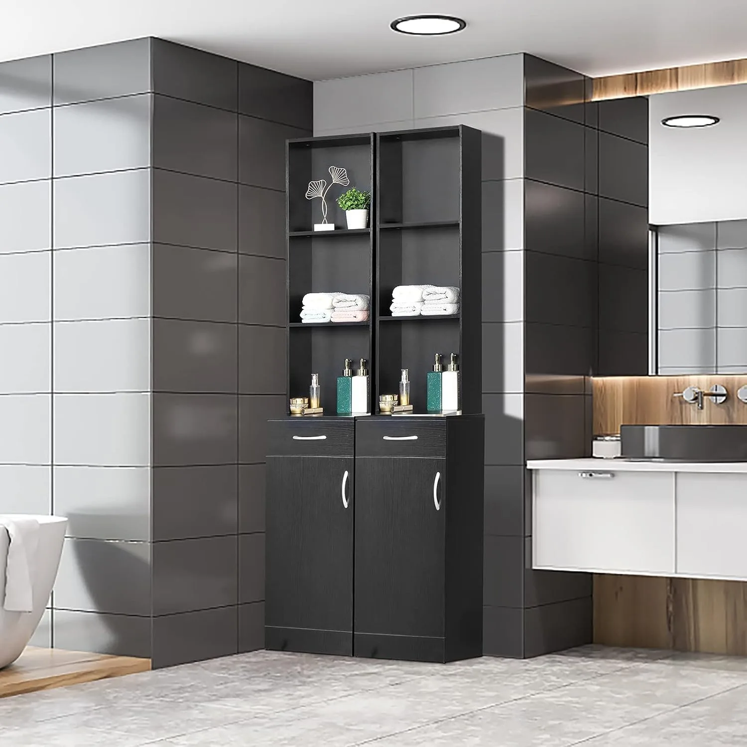 Tall Bathroom Storage Cabinet Narrow Floor Cabinet Free Standing Tower Cabinet with 3 Open Shelves, 1 Drawer & 1 Compartment,