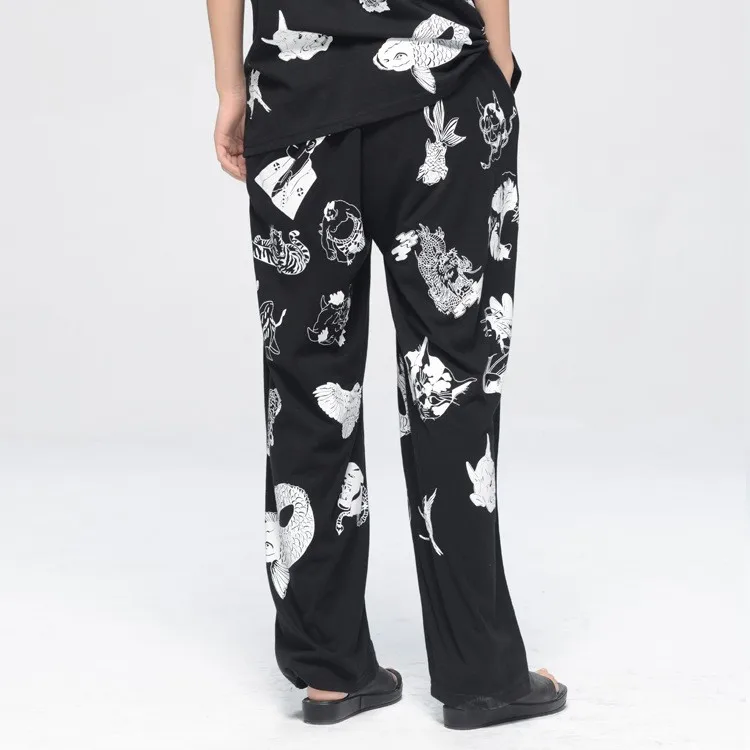 ربيع وصيف جديد قسط Qinglan زوجين القطن عارضة السراويل واسعة الساق الأزهار طباعة مستقيم قطع مريحة السراويل الطويلة