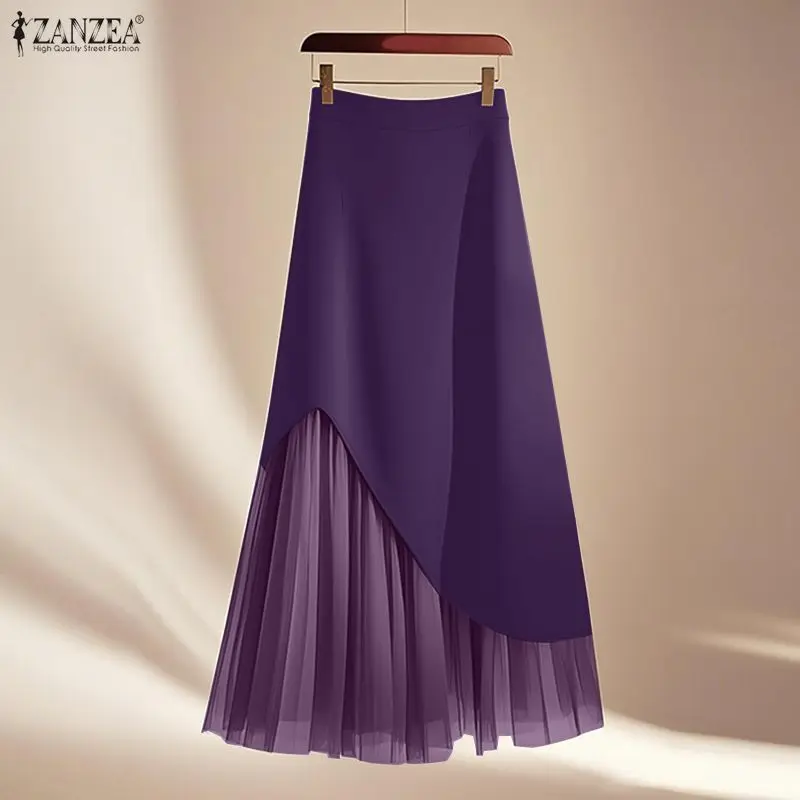 

ZANZEA Stylish Autumn Mesh Patchwork Skirts Women 2025 Elegant High Waist Office Skirt Party Jupes A-line Pleated Faldas Saia