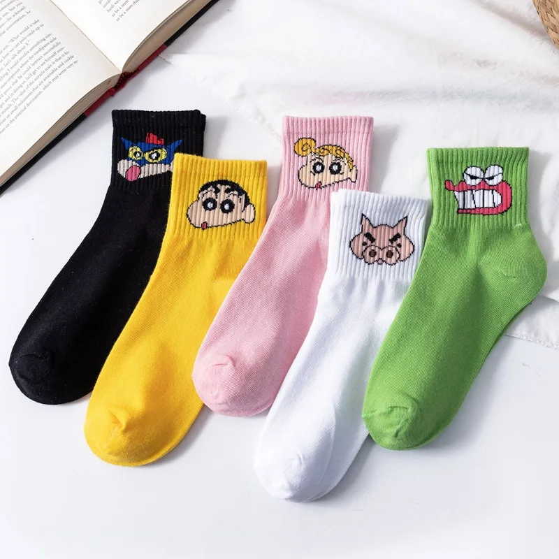 5Pairs Crayon Shin-chan Women Socks Anime Cute Cotton Breathable Socks Japanese Style Cartoon Embroidery Girl Casual Socks Gift