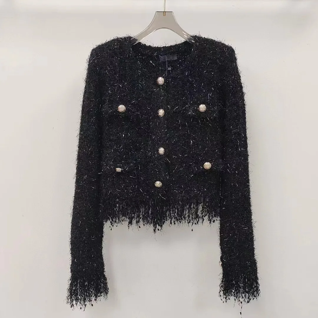 2023 autumn and winter new temperament socialite cardigan sweater small fragrant wind bright silk fringe coat woman