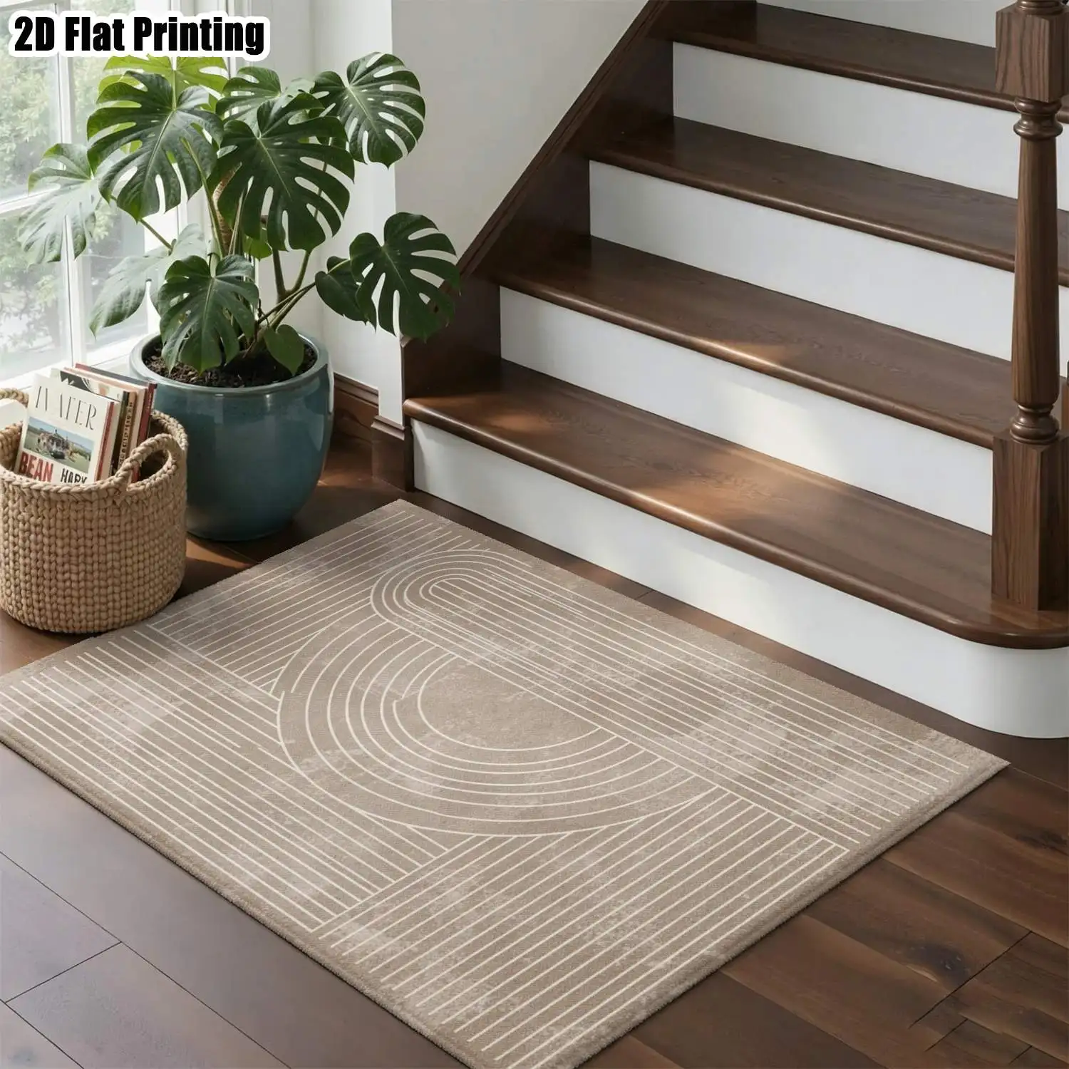 1Pc 2D Printed Milk Tea Color Geometric Line Nordic-Style Modern Simple Machine-Washable Carpet for Home Decor, Multi-Size, Can Be Used as a Doormat, Dining/Bedroom/Living Room Rug