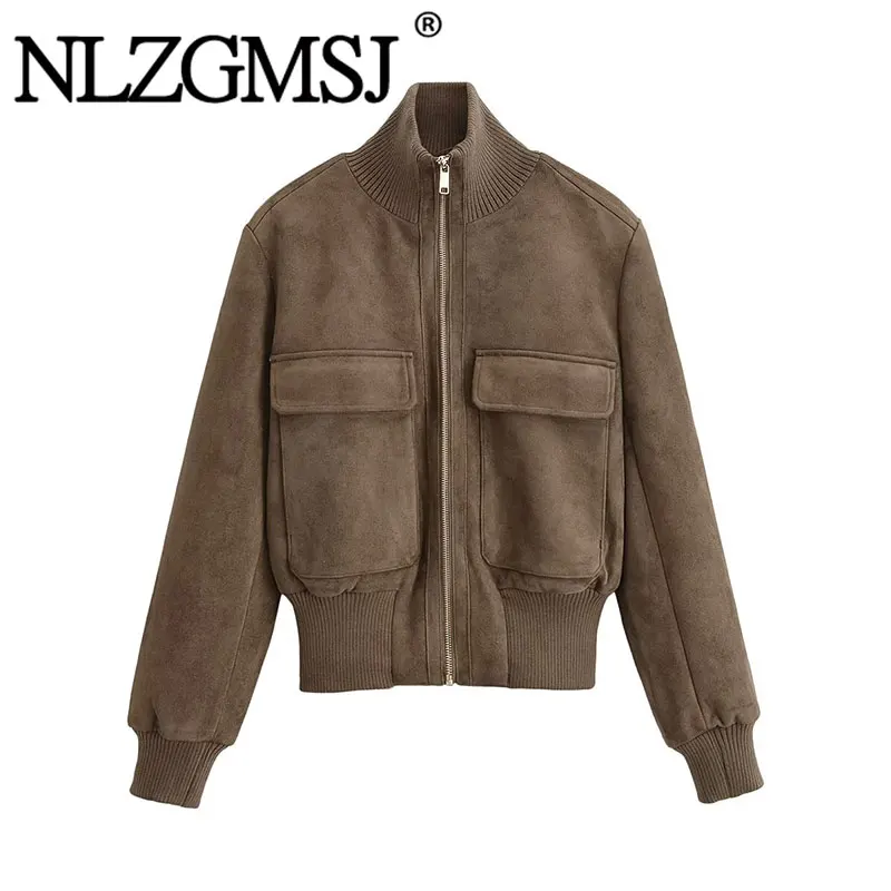 Nlzgmsj 2026 Autumn Women Vintage Faux Suede Bomber Jacket Ribbed Stand Collar Zip   Pockets Long Sleeve Casual Outerwear