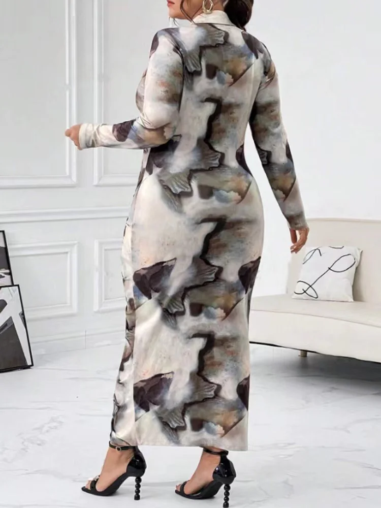 GIBSIE Plus Size Tie Dye Print Ruched Bodycon Maxi Dress Women Autumn New Fashion Long Sleeve Street Party Slit Long Dress