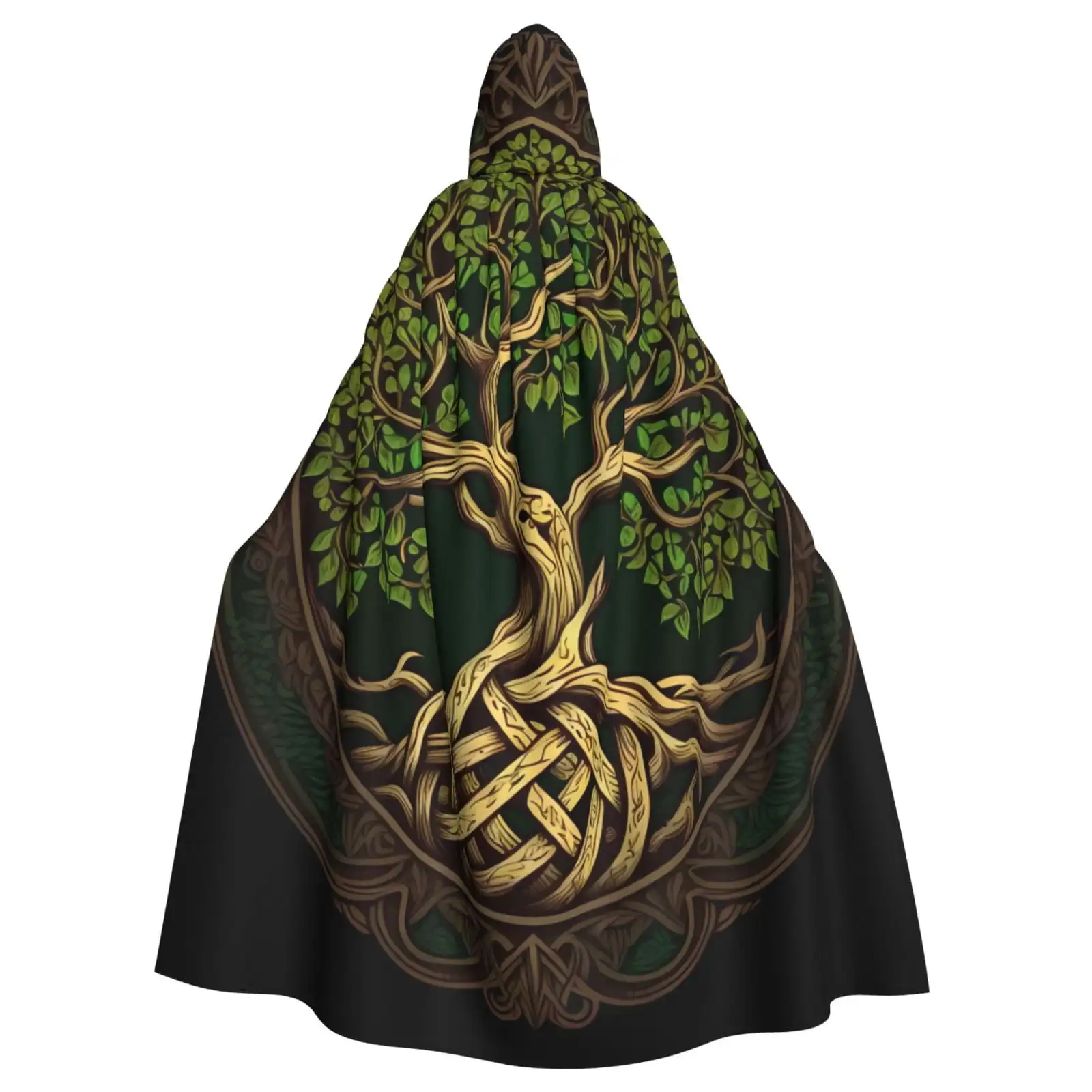 Hooded Cloak with Tree of Life Print, Intricate Celtic - Style Design, Green & Brown, Perfect for Fantasy Lovers