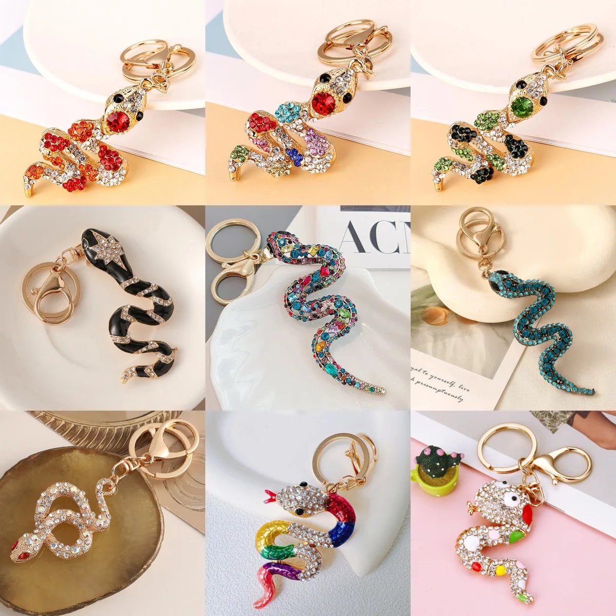 2025 Creative Retro Chinese Zodiac Diamond Snake Car Pendant Colorful Snake Keychain Bag Hanging Decoration Small Party Gift