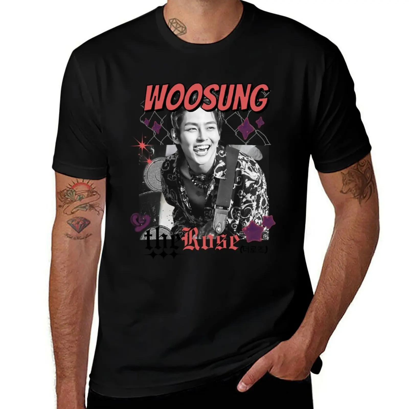 

Woosung The Rose Kpop Group Band Monochrome Red and Black Collage Art Design T-Shirt plus size tops clothing for men