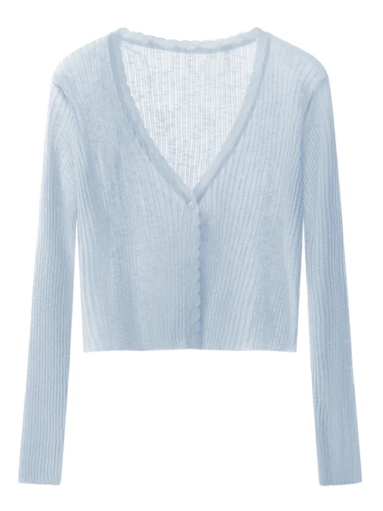 Cardigan estivo corto in maglia di seta di ghiaccio con protezione solare Gonna sottile con bretelle da donna Giacca di garza a strati Coprispalle con aria condizionata