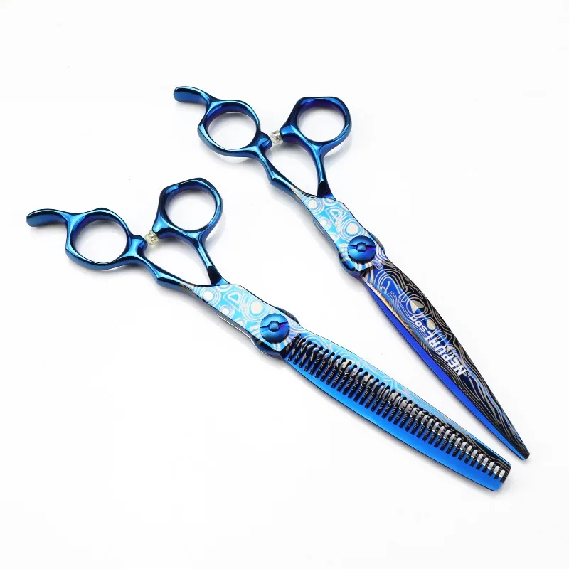 Professional 7'' Blue Damascus Hair Cutting Scissors Gem Screw Haircut Thinning Barber Tools Steel Shears Hairdressing Scissors