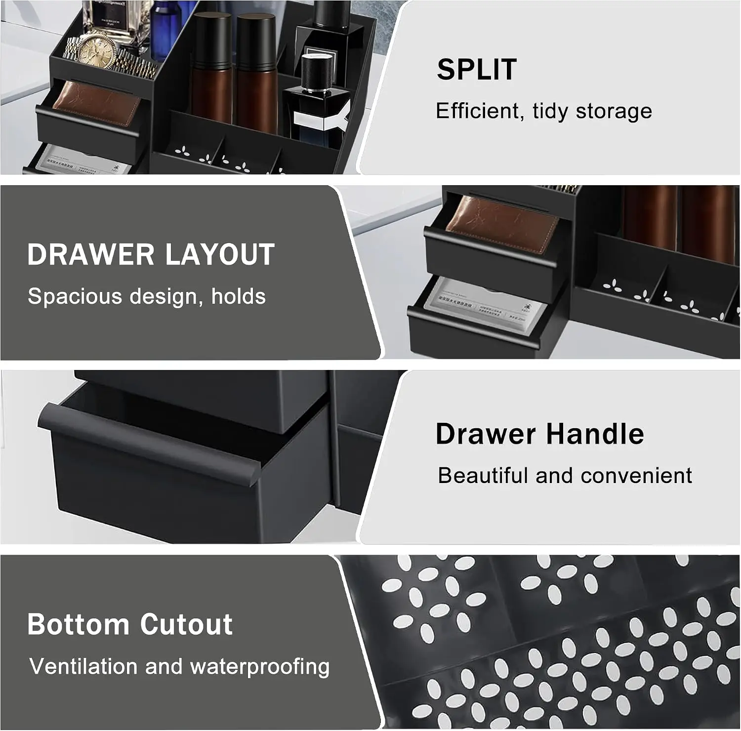 Premium Black Plastic Makeup Organizer with Drawers – Multi-Compartment Desktop Storage for Cosmetics, Skincare, Brushes & Toothbrushes – 11.1' X 6.9' X 4.9' Vanity Tray for Bathroom, Dorm & Office