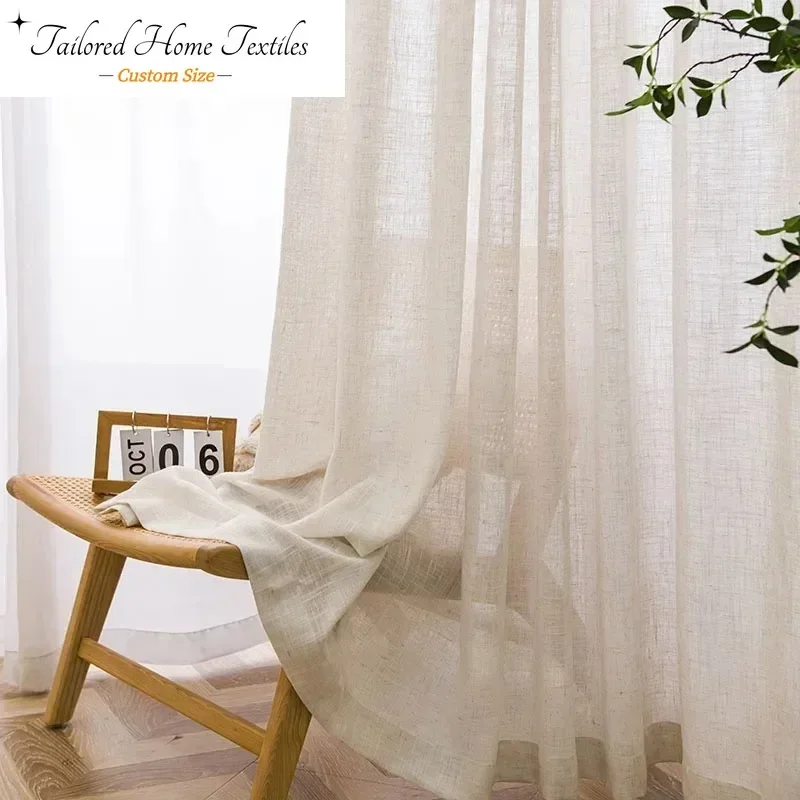 Custom Size Curtains for Living dining room bedroom Modern Beige Natural Linen Like Tulle Flax Sheer  Voile Window SFolds Drapes