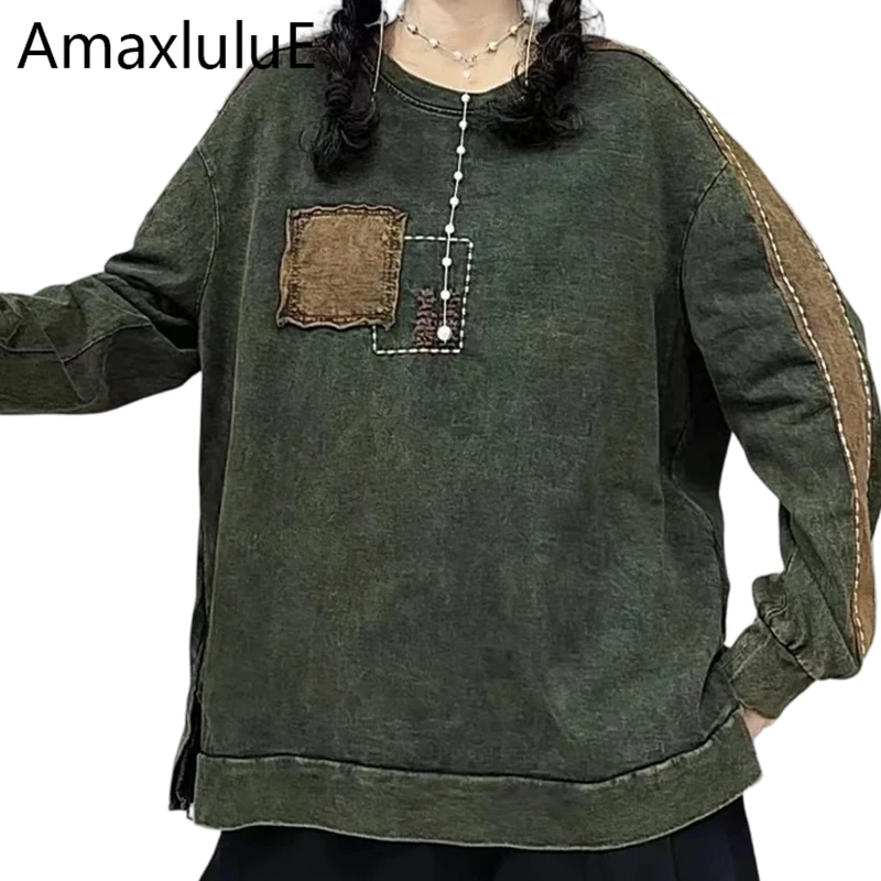 Amax LuluE 2026 Китайские зимние женские модные винтажные футболки с вышивкой, свободные повседневные топы с круглым вырезом, классические хлопковые топы для женщин.