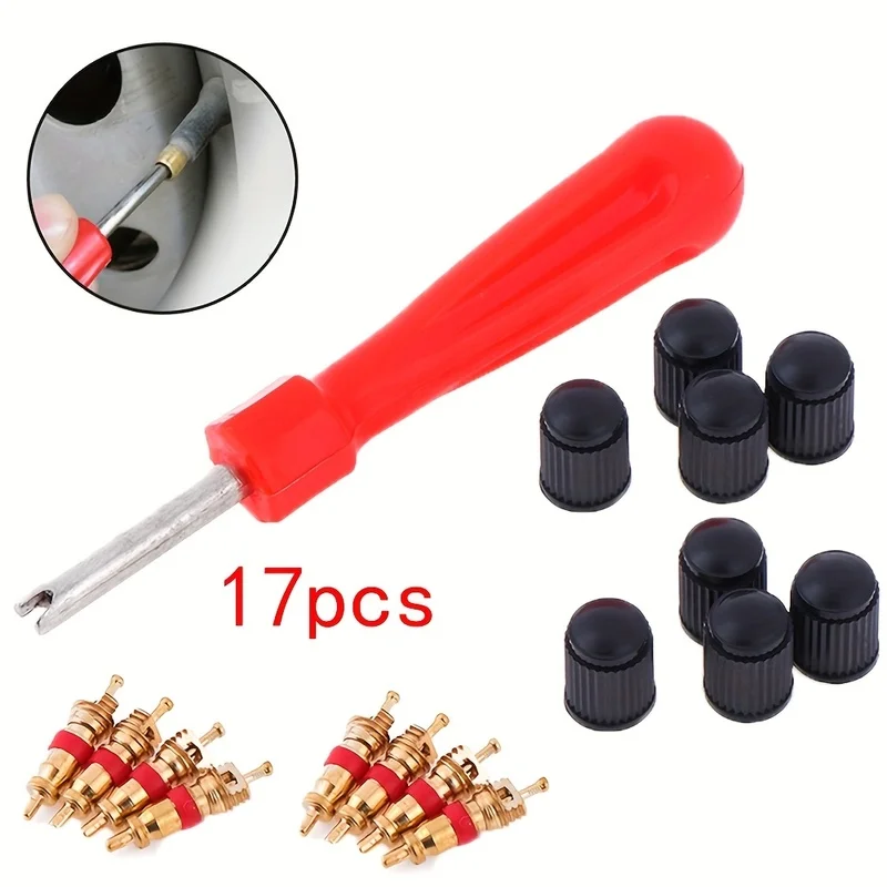 17A set of tools for repairing car and bicycle tire valves，Including8valve core、8valve stem cap、1valve stem screwdriver，Suitable