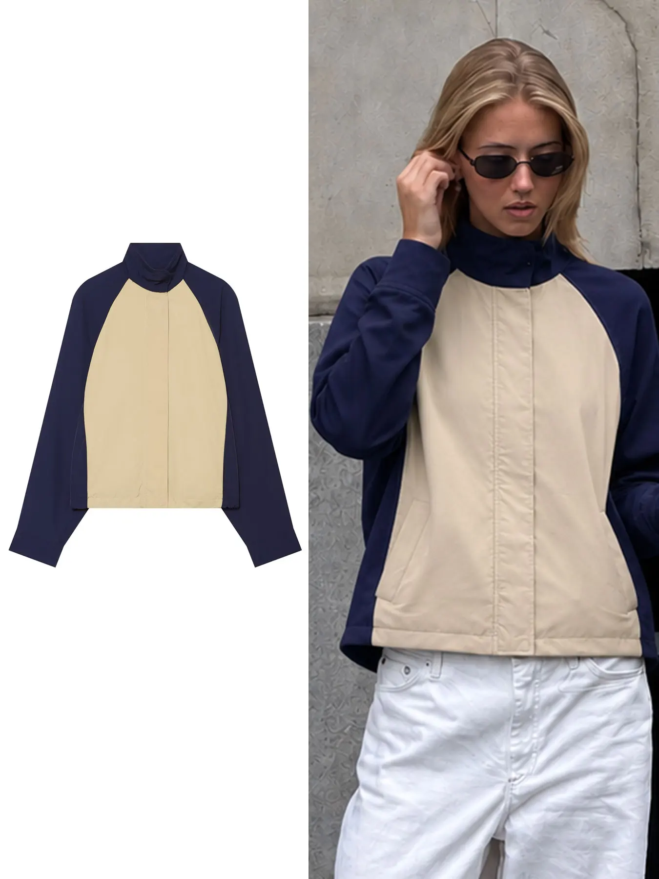 HH Trendy Womens Casual Autumn Coat Stand Collar Long Sleeves Pockets Fashion Party Outerwear Color Block Hidden Zipper Jacket