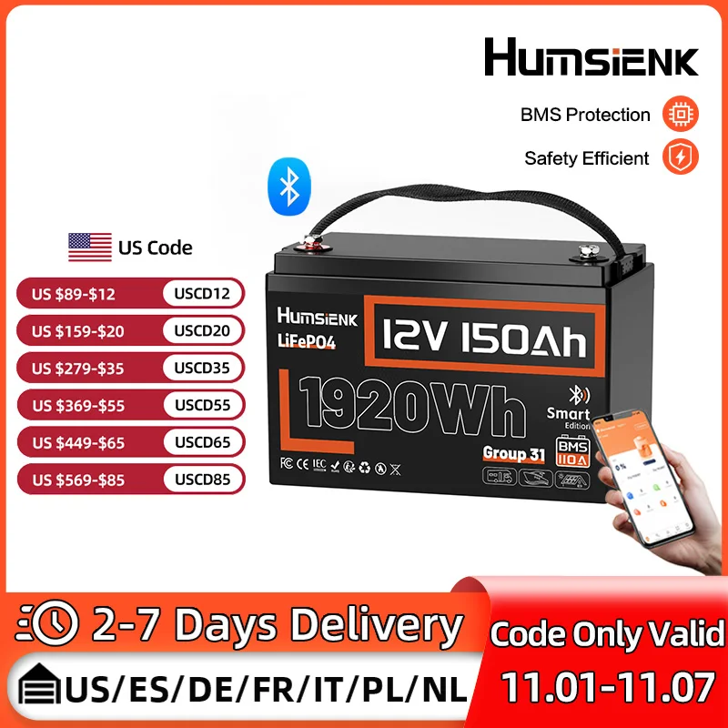 Humsienk LiFePO4 بطارية بلوتوث 12 فولت 150 أمبير بطارية ليثيوم مع تحسين 110A BMS ل RV/شاحنات/محرك التصيد/التخييم/عربة الجولف