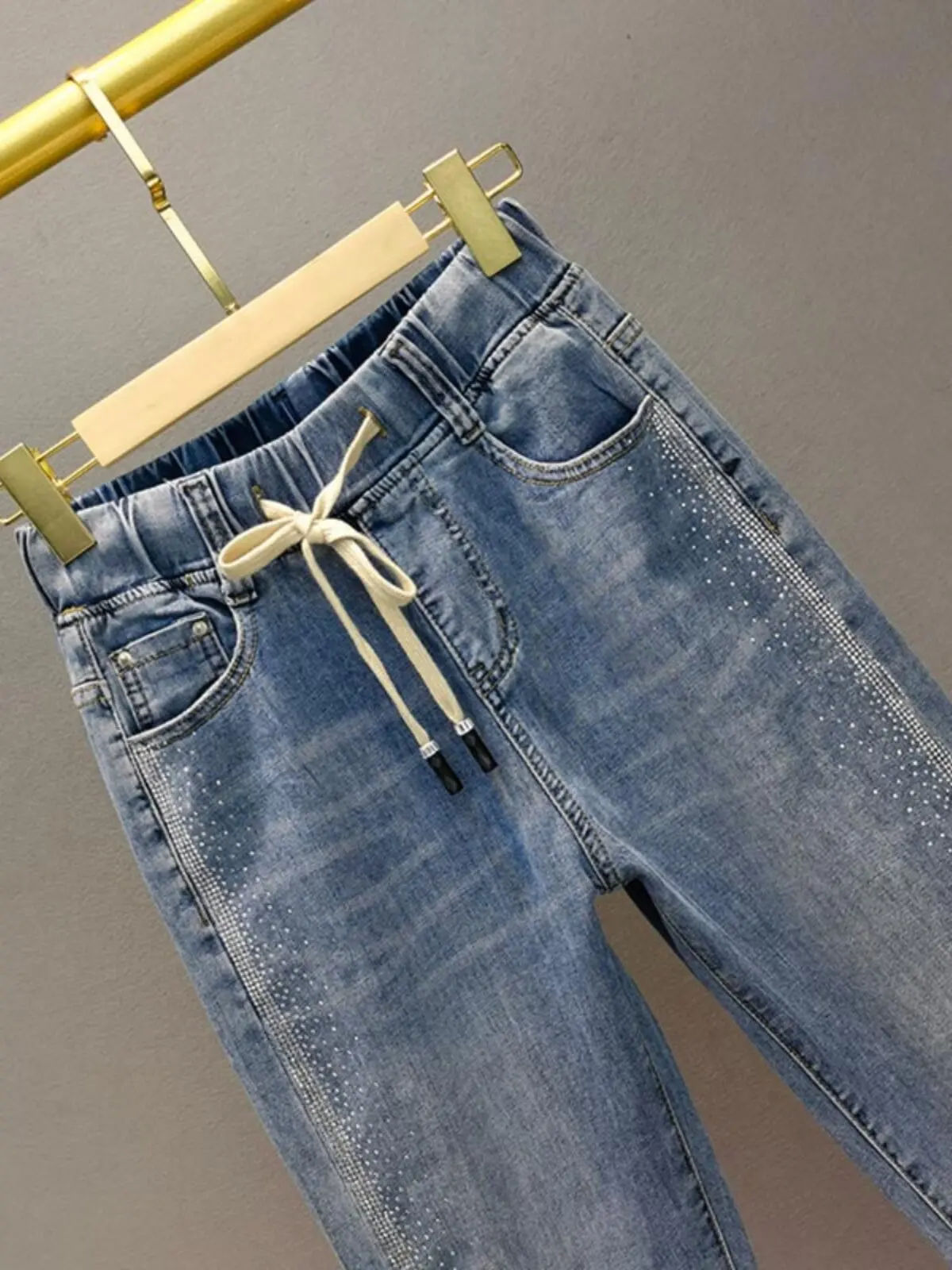 2026 New Spring Drawstring Elastic Waist Denim Harem Pants Shiny Hot Drilling All-match High Waist Women Ankle-length Blue Jeans