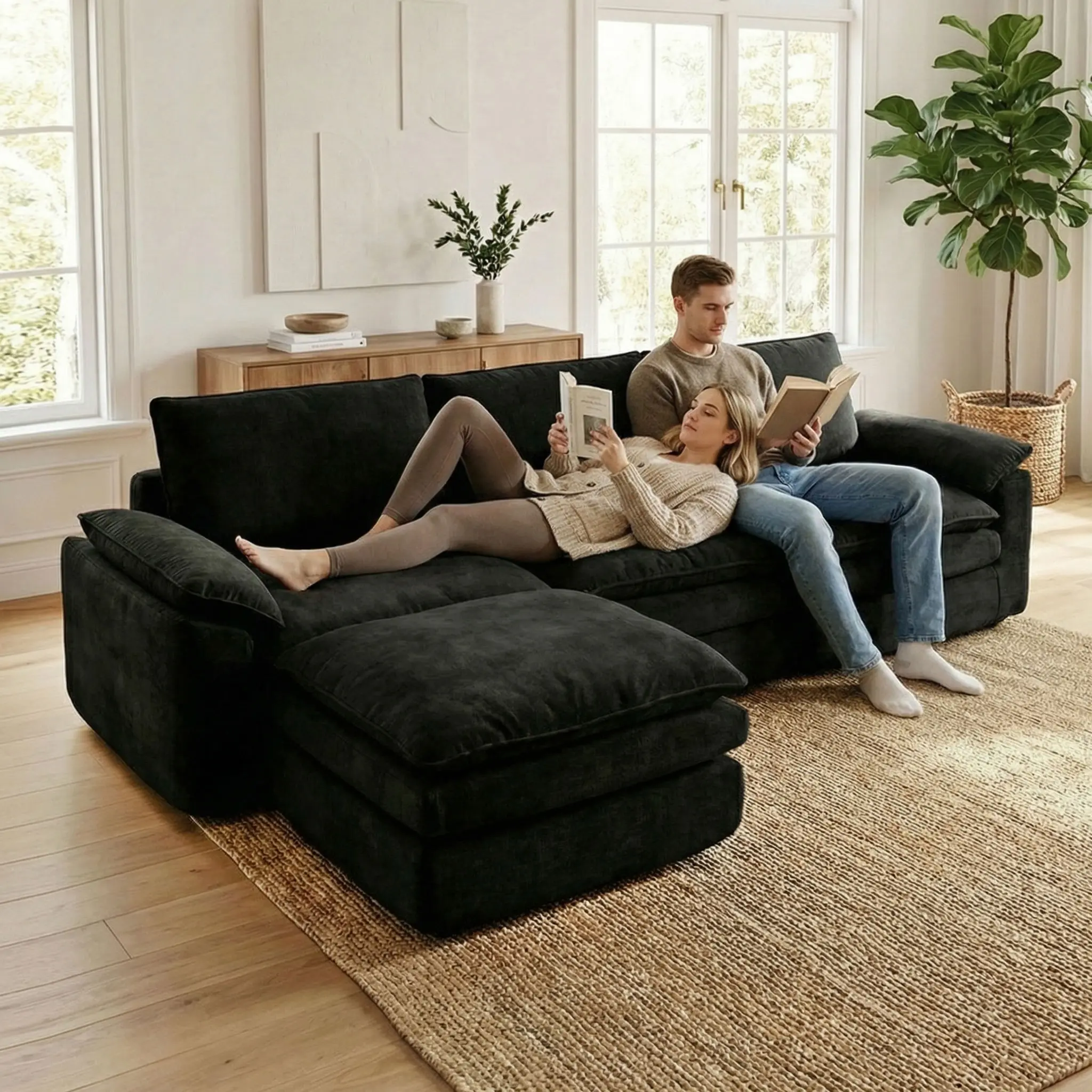 118 Inches L-Shaped Chenille Cloud Lazy Sofa, Black Oversized Deep Seat Modular Sectional Couch with Chaise Lounge, Ultra Soft Cat Scratch Resistant Chenille Fabric, No Assembly Low Maintenance Extra Comfort Large Sofa, Universal Furniture for Living Room