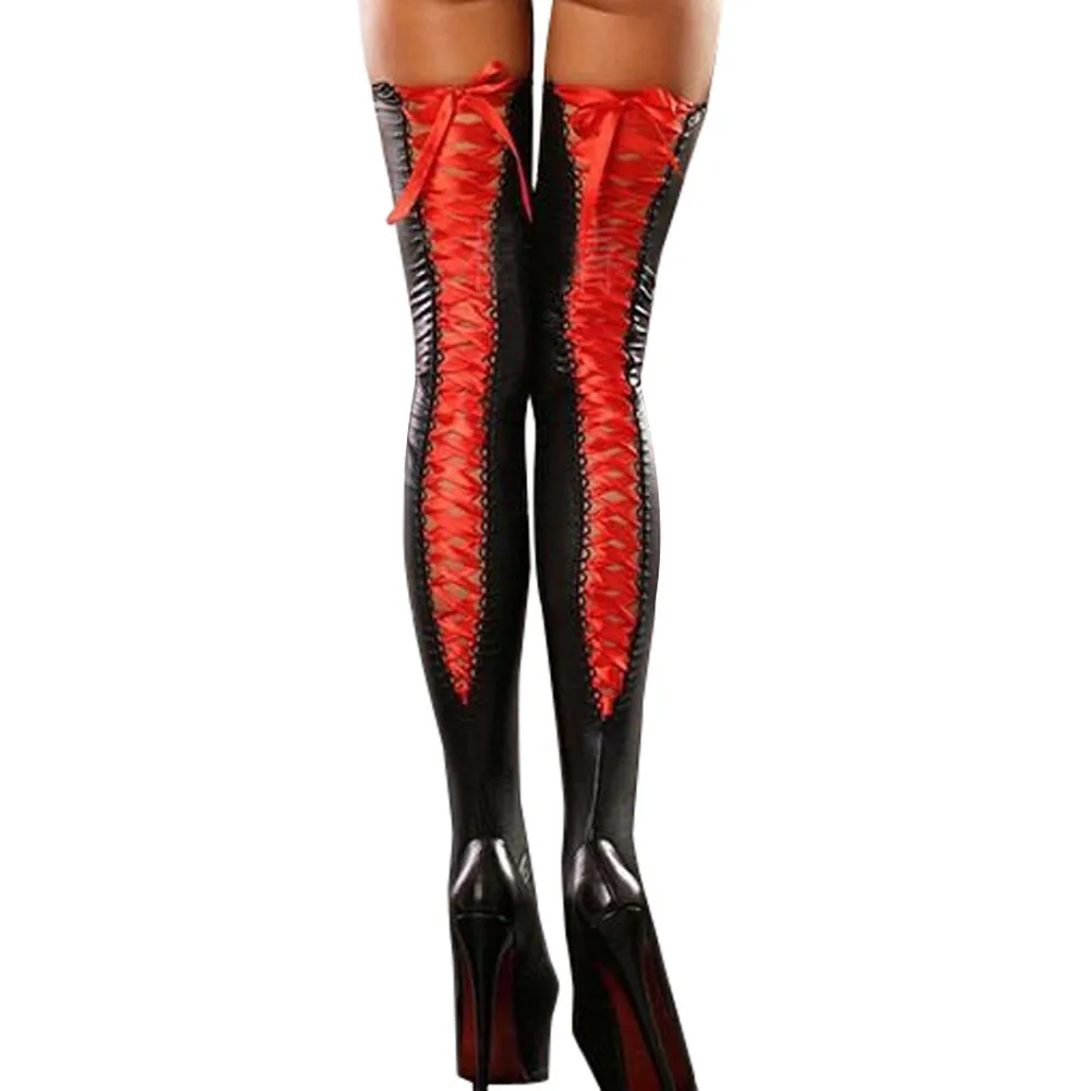 Sexy Club Women Comfortable Thigh-high Stockings Leather Lace Bow Long Socks Thight Stockings Erotic Sexy Lingerie Clubwear