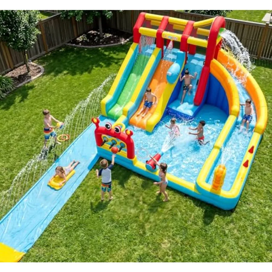 

Надувной аквапарк Triple Ocean Splash длиной 25,6 футов с отсоединяемой ПВХ-горкой-разбрызгивателем 16,3 фута, бодибордами и игрушкой-крабом с функцией сброса воды