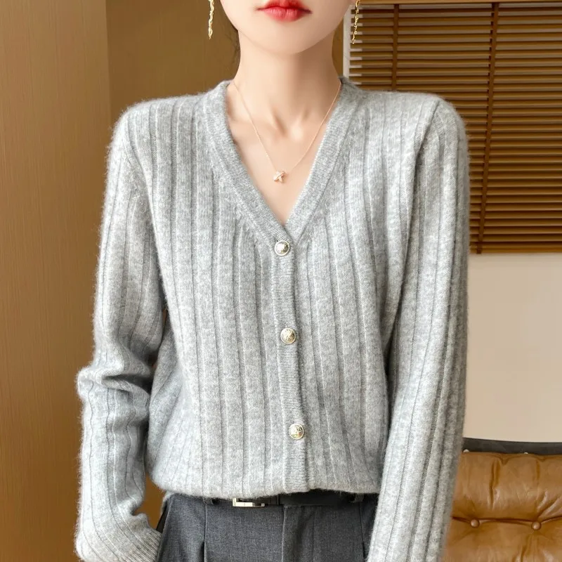 Autumn Winter New 100% Wool Women\'s Clothing V-neck Cardigan Knitted Cardigan Casual Loose Long Sleeved Tops Fashion Korean