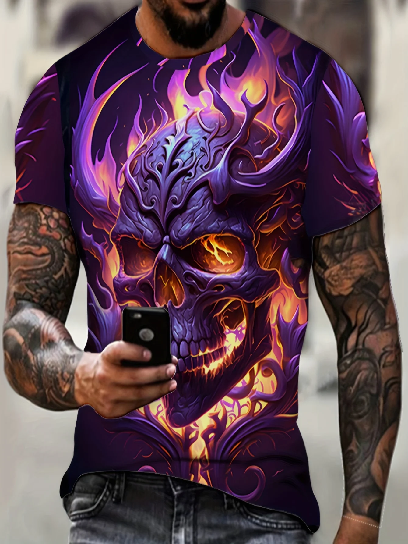 Summer Short-sleeved T-shirts Are Suitable for Halloween Plus Size Men's Costumes with 3D Print Illuminated Skulls and Flames