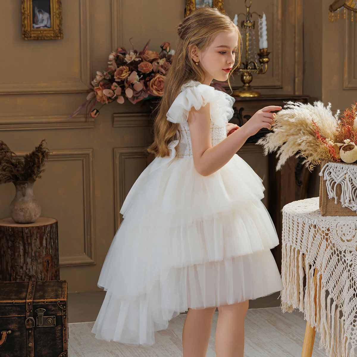 Girls party dress kid  birthday host costume trailing princess dresses flower wedding