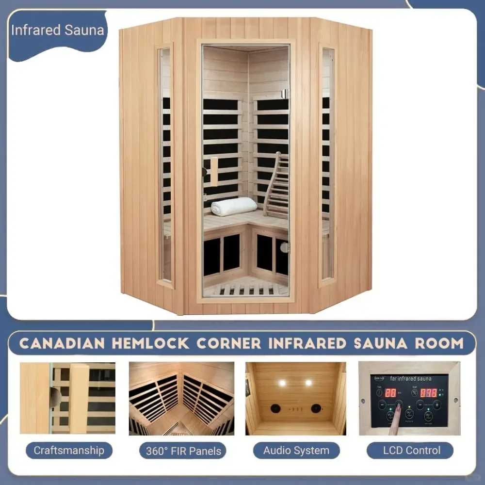 Infrarot-Sauna für 2–3 Personen, Ferninfrarot-Sauna für Zuhause, niedrige EMF-Sauna für den Innenbereich, Sauna-Spa aus Holz mit Hemlock, 1670 Watt