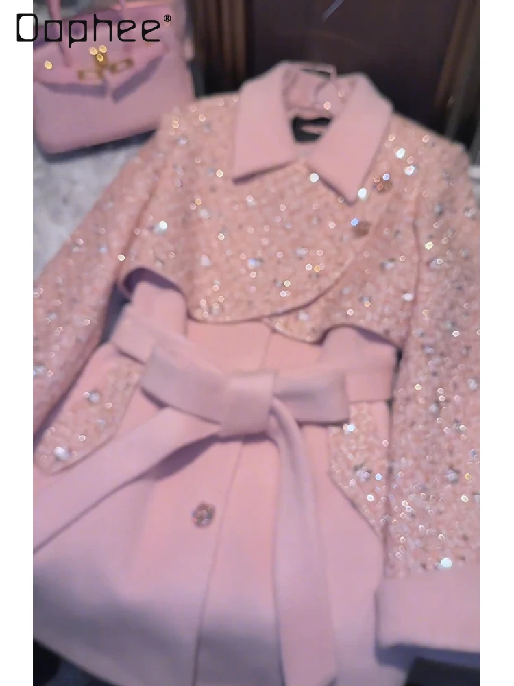 

French Heavy Rhinestone Fake Two-Piece Lace-Up Slim Woolen Coat for Women Winter High-End Socialite Pink Mid-Length Wool Coat