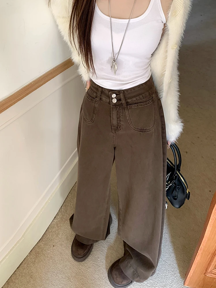 

Джинсы с высокой талией свободного кроя в американском стиле, повседневные, больших размеров, осенне-зимняя новинка, утягивающие, с широкими штанинами