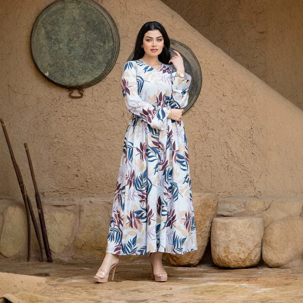 

Ky1322 Spring And Autumn Long-sleeve Women's Printed Dress Elegant Tie-waist V-neck Vacation Style Long Dress Islam Elegant