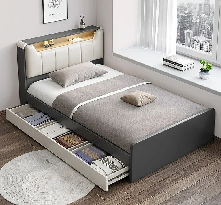 Premium single bed 1.2m modern home tatami low bed with lamp Nordic style children's storage bed bedroom furniture set bedroom