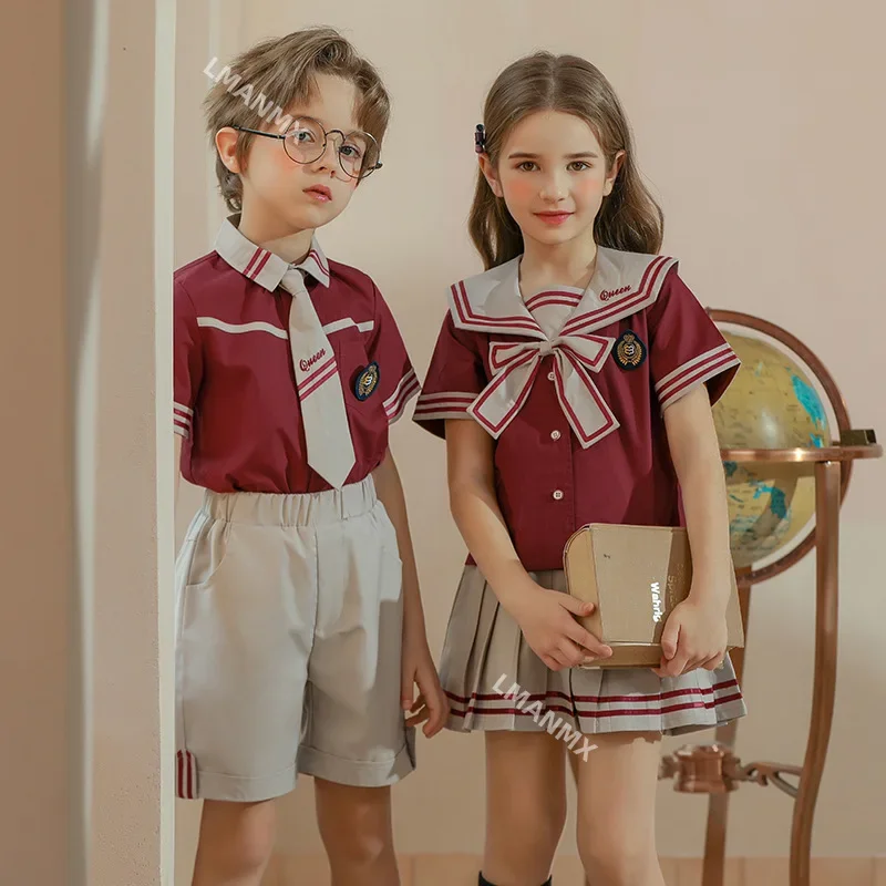 Uniforme scolastica coreana giapponese a righe per bambini per ragazze, ragazzi, colletto alla marinara, maglietta, gonna a pieghe, pantaloncini, vestiti con fiocco, vestito da studente